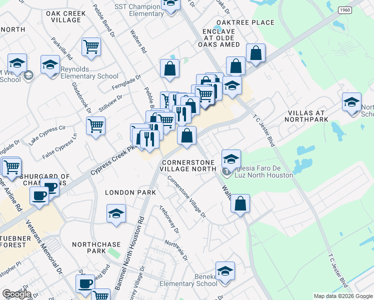 map of restaurants, bars, coffee shops, grocery stores, and more near 14402 Walters Road in Houston