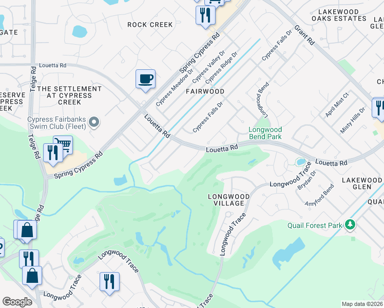 map of restaurants, bars, coffee shops, grocery stores, and more near 14922 Codys Run in Cypress