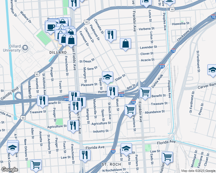map of restaurants, bars, coffee shops, grocery stores, and more near 2401 Humanity Street in New Orleans