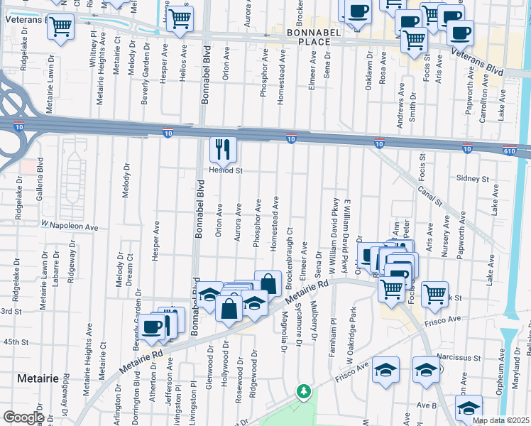 map of restaurants, bars, coffee shops, grocery stores, and more near 401 Phosphor Avenue in Metairie