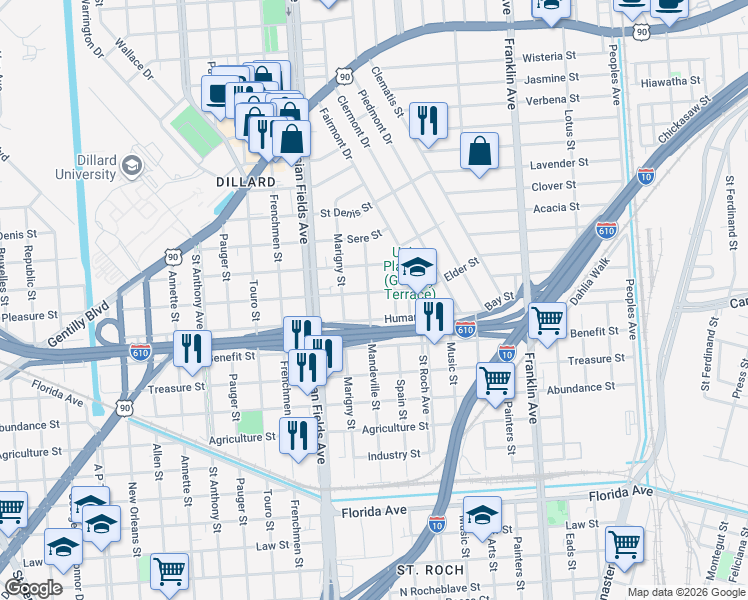 map of restaurants, bars, coffee shops, grocery stores, and more near 3318 Spain Street in New Orleans