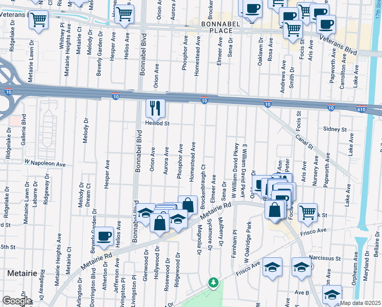 map of restaurants, bars, coffee shops, grocery stores, and more near 1415 Homer Street in Metairie