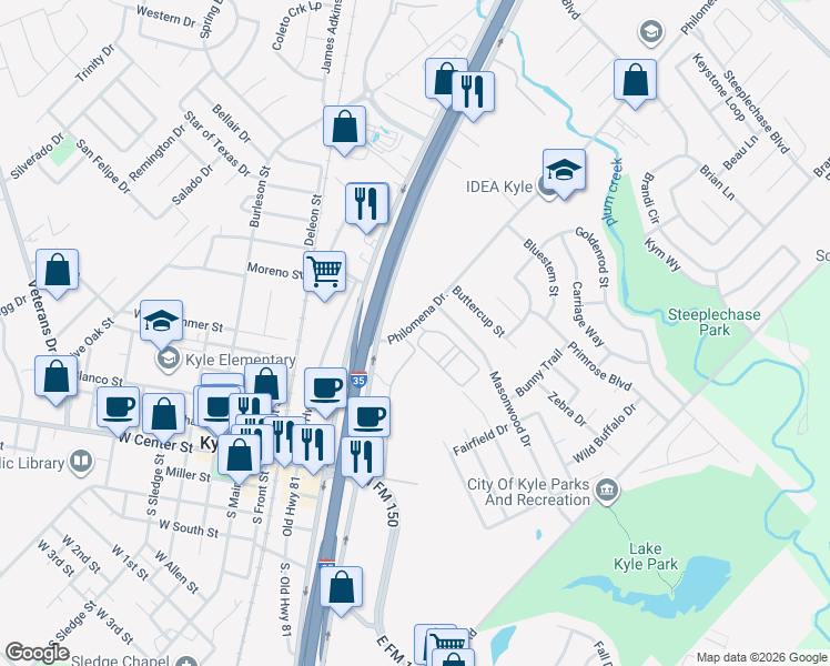 map of restaurants, bars, coffee shops, grocery stores, and more near 200 Philomena Drive in Kyle