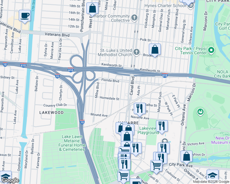 map of restaurants, bars, coffee shops, grocery stores, and more near 5620 Hawthorne Place in New Orleans