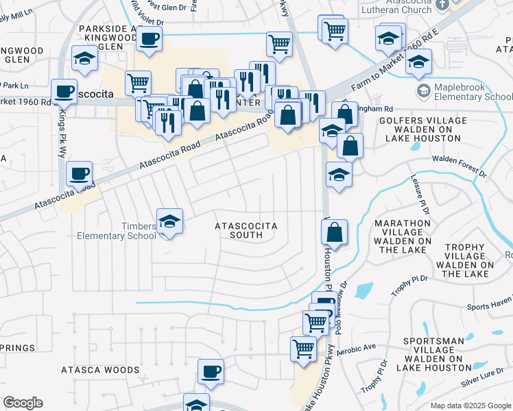 map of restaurants, bars, coffee shops, grocery stores, and more near 18903 Oak Bower Drive in Humble
