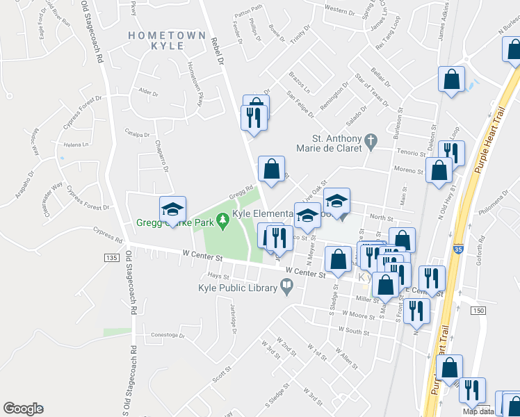 map of restaurants, bars, coffee shops, grocery stores, and more near 401 Rebel Drive in Kyle
