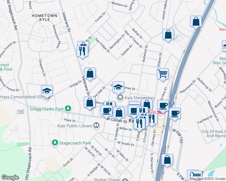map of restaurants, bars, coffee shops, grocery stores, and more near 412 North Street in Kyle