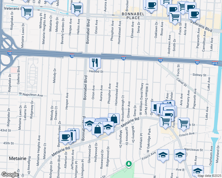 map of restaurants, bars, coffee shops, grocery stores, and more near 401 Phosphor Avenue in Metairie
