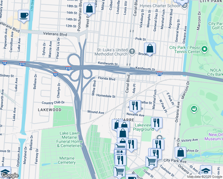 map of restaurants, bars, coffee shops, grocery stores, and more near 5620 Hawthorne Place in New Orleans
