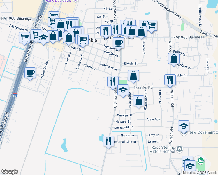 map of restaurants, bars, coffee shops, grocery stores, and more near 98 Isaacks Road in Humble