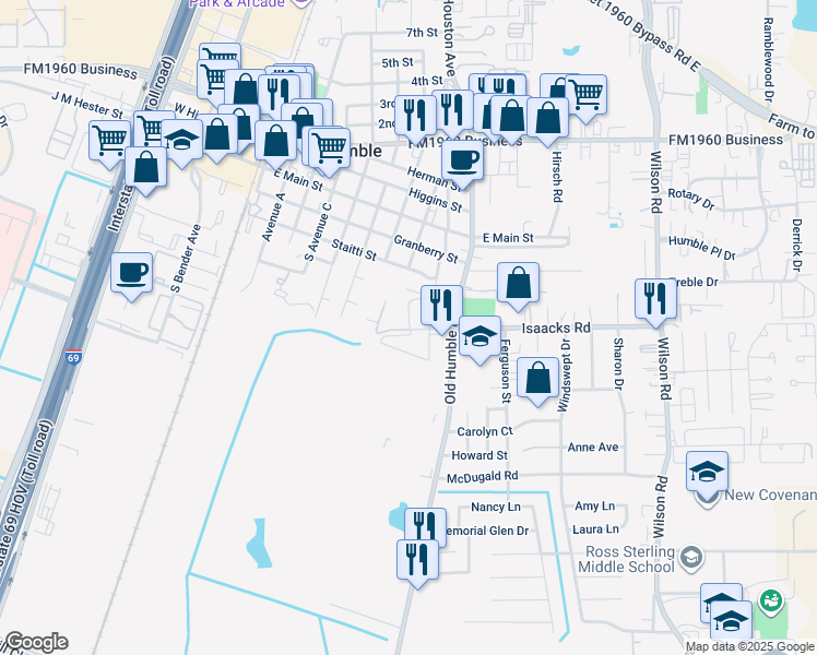 map of restaurants, bars, coffee shops, grocery stores, and more near 8 Isaacks Road in Humble