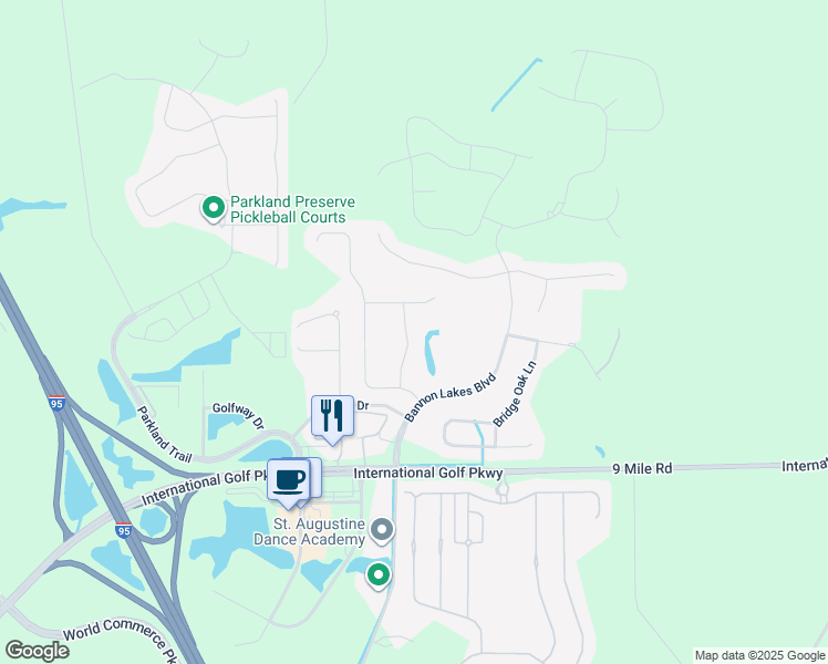 map of restaurants, bars, coffee shops, grocery stores, and more near 112 Fallen Oak Trail in St. Augustine