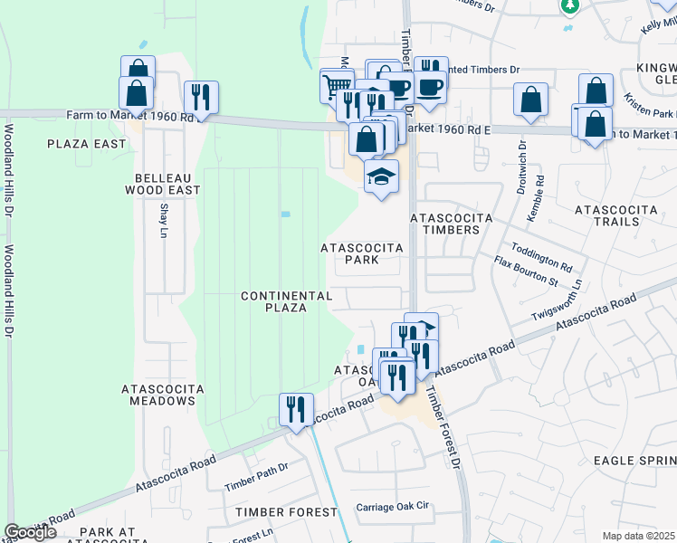 map of restaurants, bars, coffee shops, grocery stores, and more near 5211 Timbers Quail Drive in Humble