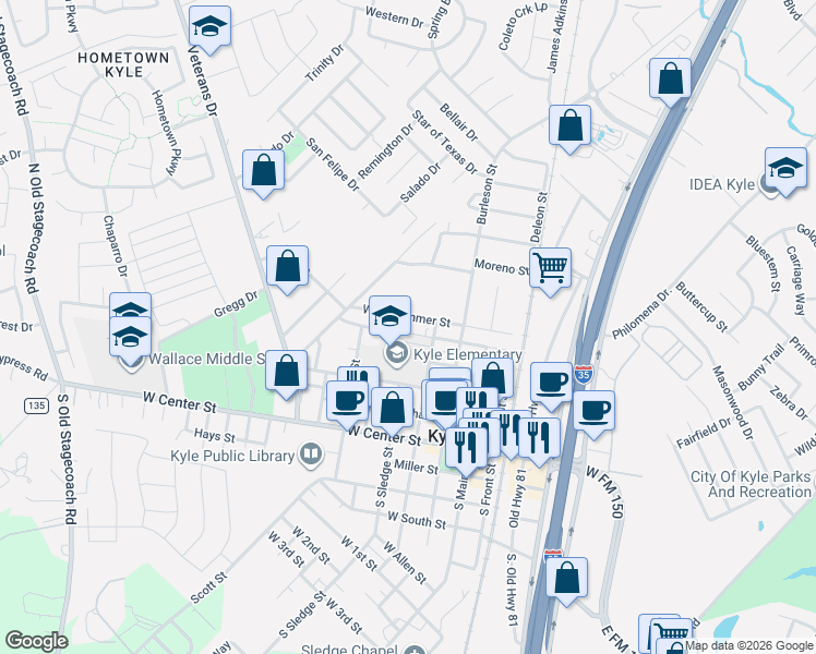 map of restaurants, bars, coffee shops, grocery stores, and more near in Kyle