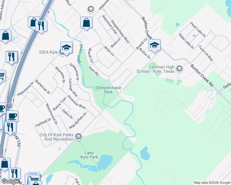map of restaurants, bars, coffee shops, grocery stores, and more near 135 Hallie Drive in Kyle