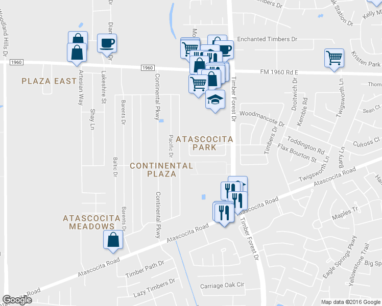 map of restaurants, bars, coffee shops, grocery stores, and more near 5211 Timber Quail Drive in Humble