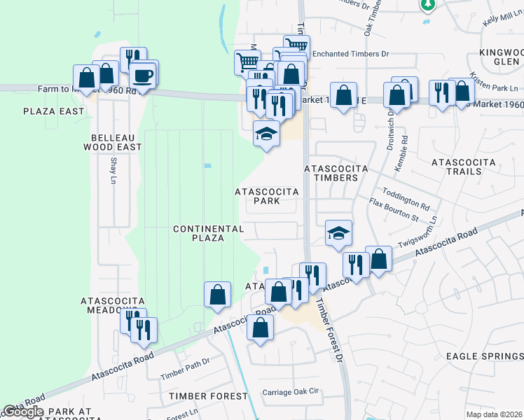 map of restaurants, bars, coffee shops, grocery stores, and more near 5231 Timbers Quail Drive in Humble