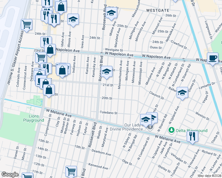 map of restaurants, bars, coffee shops, grocery stores, and more near 1501 Maine Avenue in Kenner