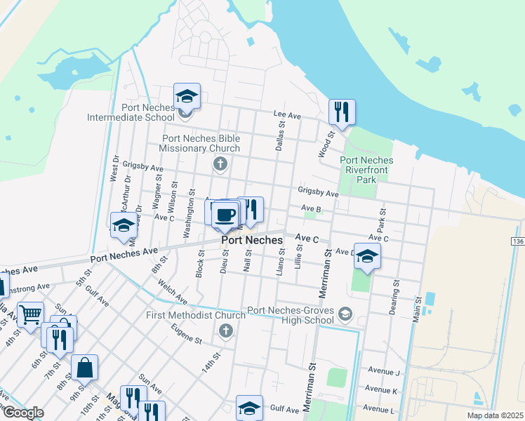 map of restaurants, bars, coffee shops, grocery stores, and more near 1103 Avenue B in Port Neches