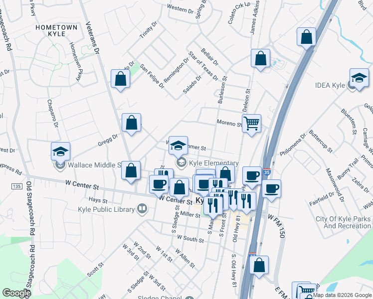 map of restaurants, bars, coffee shops, grocery stores, and more near 406 North Street in Kyle