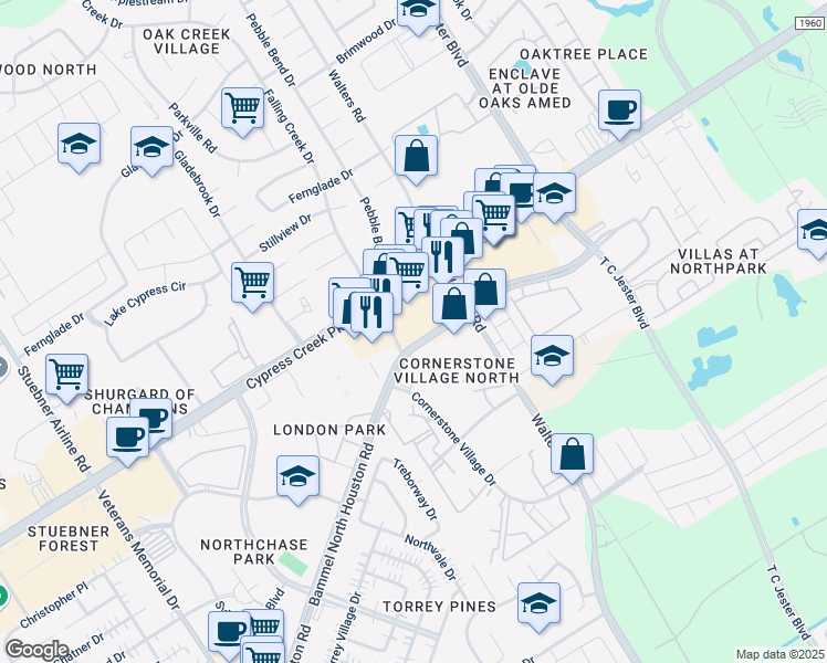 map of restaurants, bars, coffee shops, grocery stores, and more near 3845 Cypress Creek Parkway in Houston
