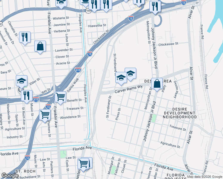 map of restaurants, bars, coffee shops, grocery stores, and more near 2723 Higgins Boulevard in New Orleans