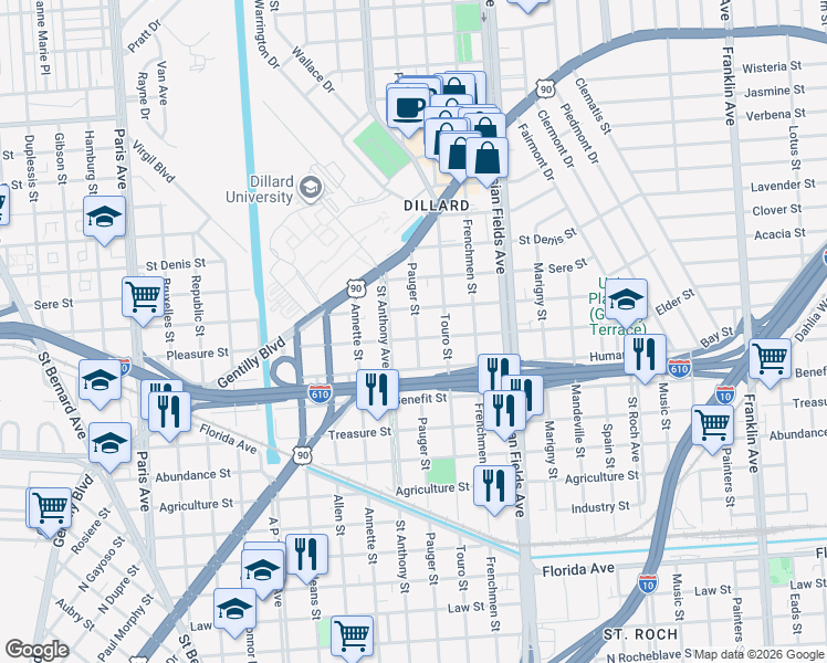map of restaurants, bars, coffee shops, grocery stores, and more near 3343 Saint Anthony Avenue in New Orleans