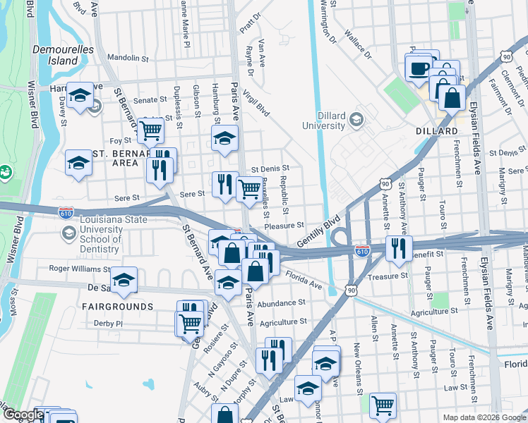 map of restaurants, bars, coffee shops, grocery stores, and more near 3414 Bruxelles Street in New Orleans