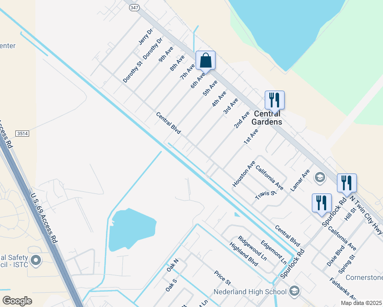 map of restaurants, bars, coffee shops, grocery stores, and more near 3515 Central Boulevard in Nederland