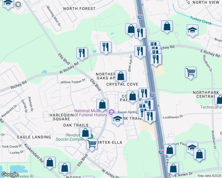 map of restaurants, bars, coffee shops, grocery stores, and more near 335 Pennbright Drive in Houston