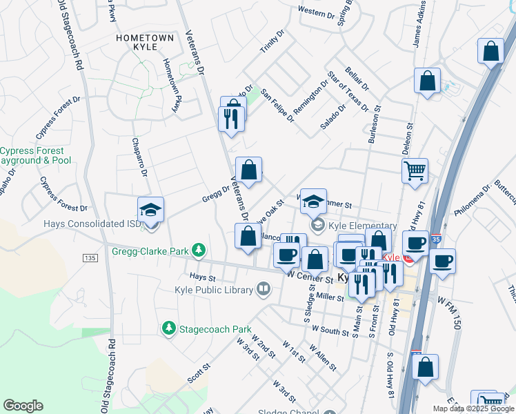 map of restaurants, bars, coffee shops, grocery stores, and more near 411 Live Oak Street in Kyle