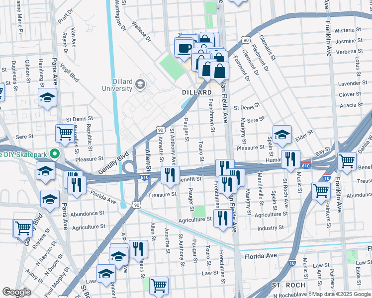 map of restaurants, bars, coffee shops, grocery stores, and more near 3343 Saint Anthony Avenue in New Orleans