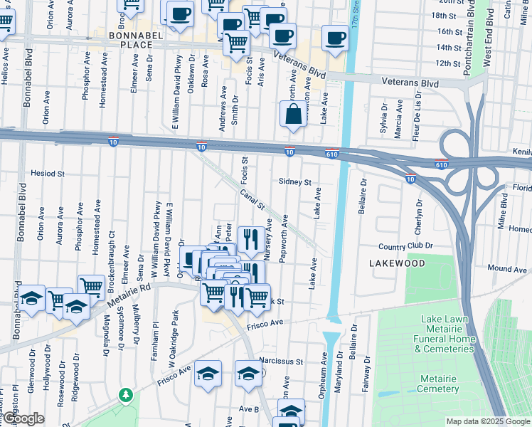 map of restaurants, bars, coffee shops, grocery stores, and more near 367 Aris Avenue in Metairie