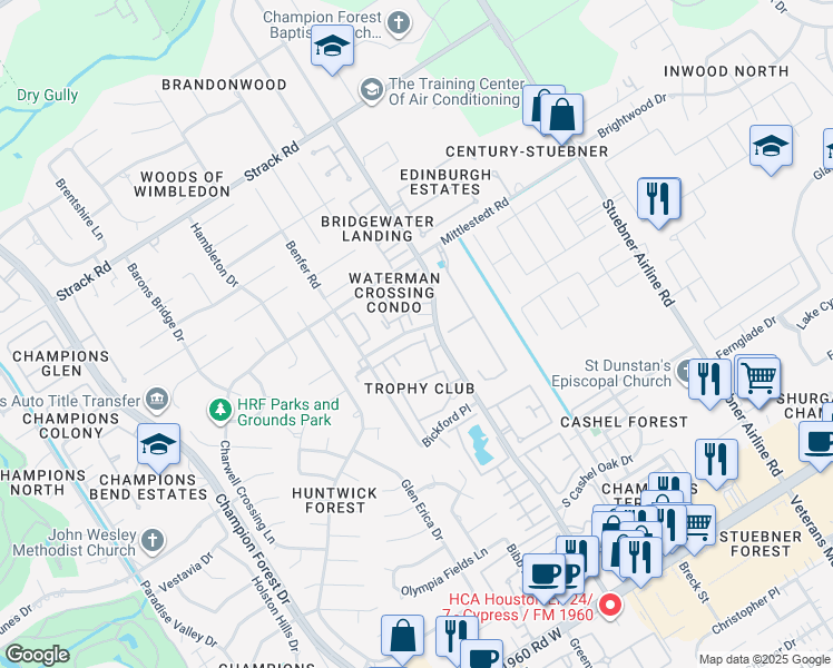 map of restaurants, bars, coffee shops, grocery stores, and more near 2205 Schaspry Drive in Houston