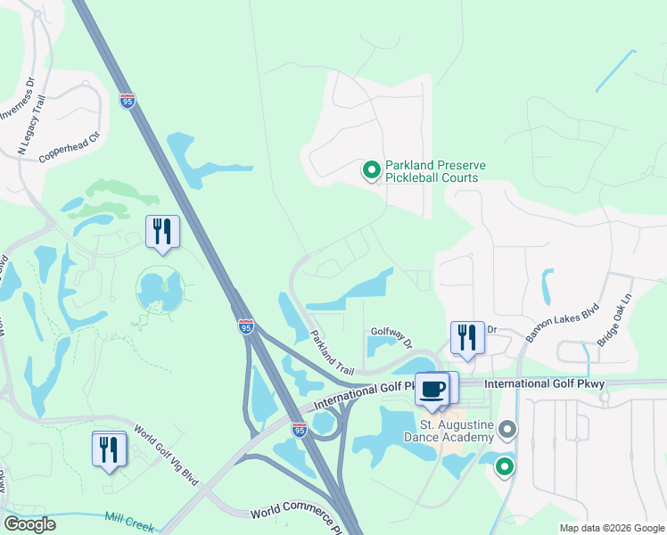 map of restaurants, bars, coffee shops, grocery stores, and more near 29 Egrets Landing Lane in St. Augustine