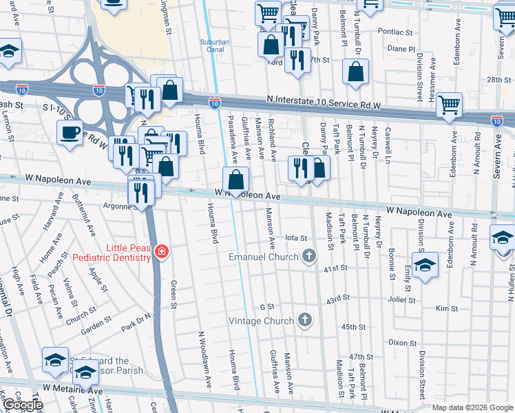 map of restaurants, bars, coffee shops, grocery stores, and more near 1909 Giuffrias Avenue in Metairie
