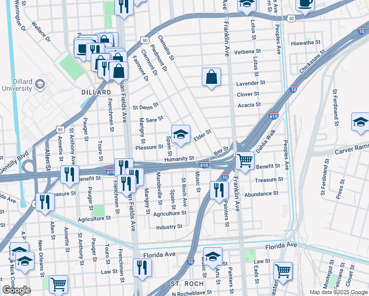 map of restaurants, bars, coffee shops, grocery stores, and more near 2401 Humanity Street in New Orleans