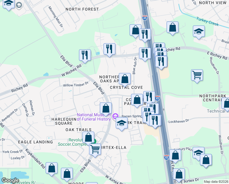 map of restaurants, bars, coffee shops, grocery stores, and more near 335 Pennbright Drive in Houston