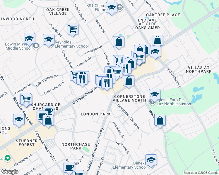map of restaurants, bars, coffee shops, grocery stores, and more near 14555 Falling Creek Drive in Houston
