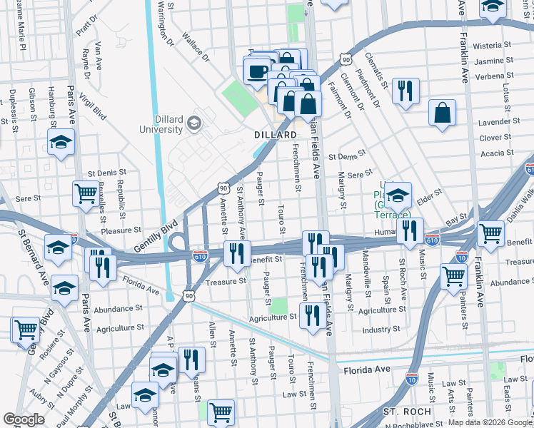 map of restaurants, bars, coffee shops, grocery stores, and more near 2060 Pleasure Street in New Orleans