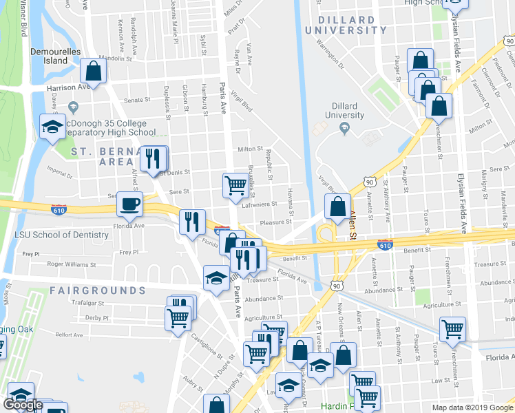 map of restaurants, bars, coffee shops, grocery stores, and more near 3414 Bruxelles Street in New Orleans