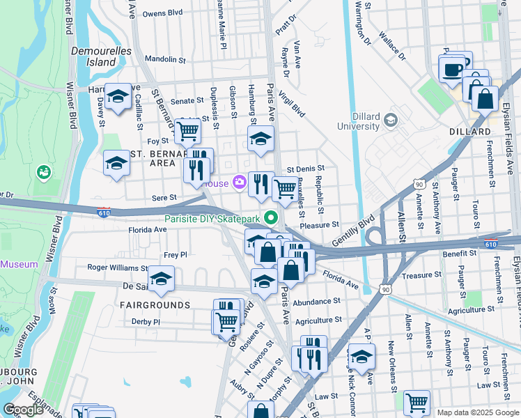 map of restaurants, bars, coffee shops, grocery stores, and more near 1500 Lafreniere Street in New Orleans