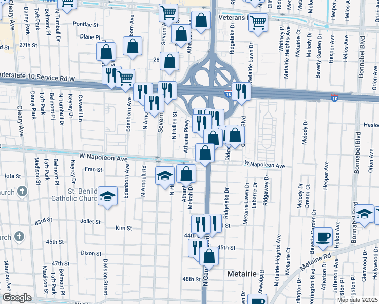 map of restaurants, bars, coffee shops, grocery stores, and more near 2001 Athania Parkway in Metairie