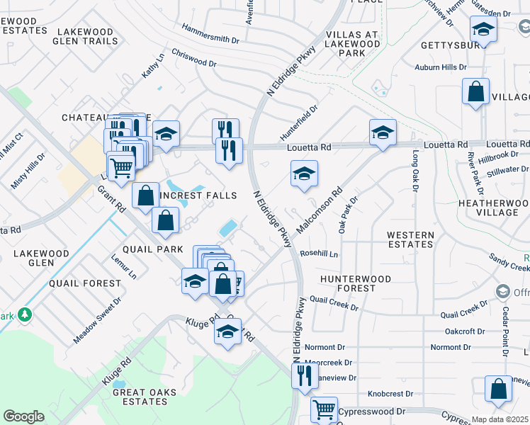 map of restaurants, bars, coffee shops, grocery stores, and more near 15055 North Eldridge Parkway in Cypress