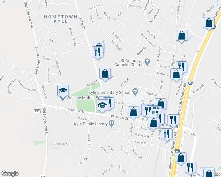 map of restaurants, bars, coffee shops, grocery stores, and more near 411 Live Oak Street in Kyle