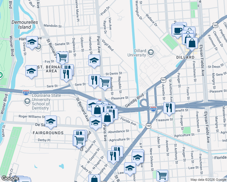 map of restaurants, bars, coffee shops, grocery stores, and more near 3414 Bruxelles Street in New Orleans