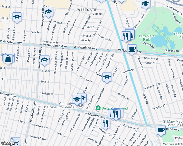 map of restaurants, bars, coffee shops, grocery stores, and more near 7904 Monette Street in Metairie
