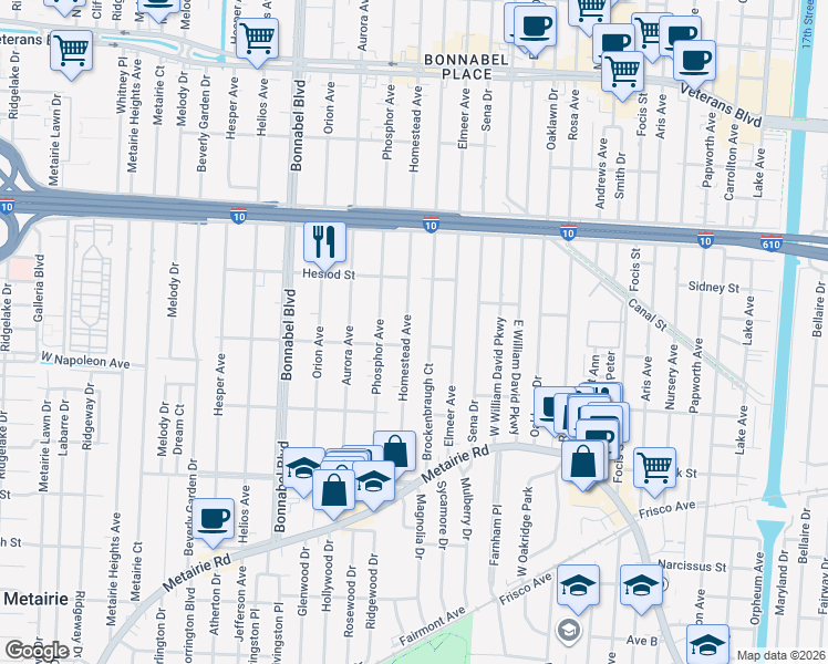 map of restaurants, bars, coffee shops, grocery stores, and more near 260 Brockenbraugh Court in Metairie