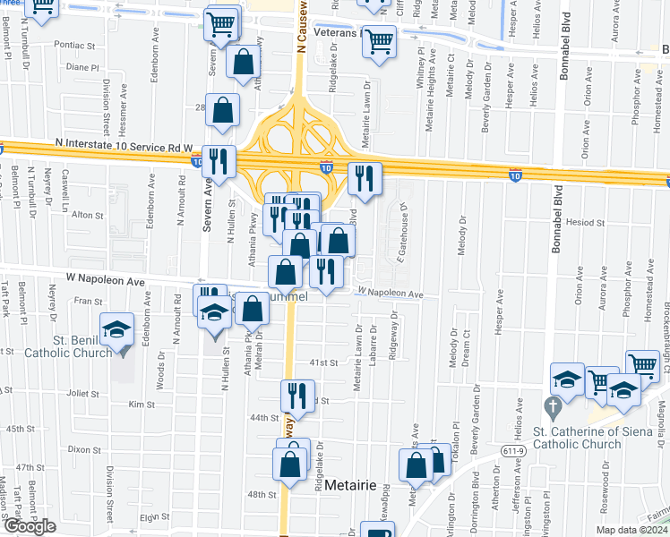 map of restaurants, bars, coffee shops, grocery stores, and more near 3044 Galleria in Metairie