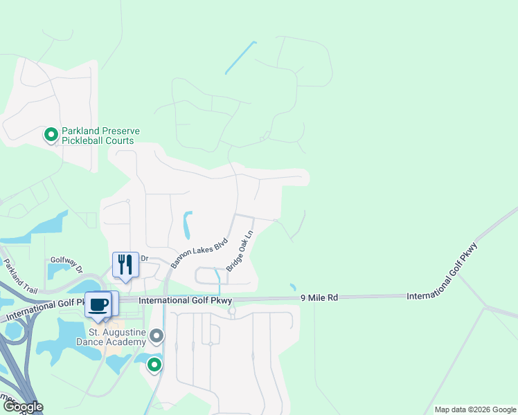 map of restaurants, bars, coffee shops, grocery stores, and more near 109 Lake Bridge Rd in St. Augustine